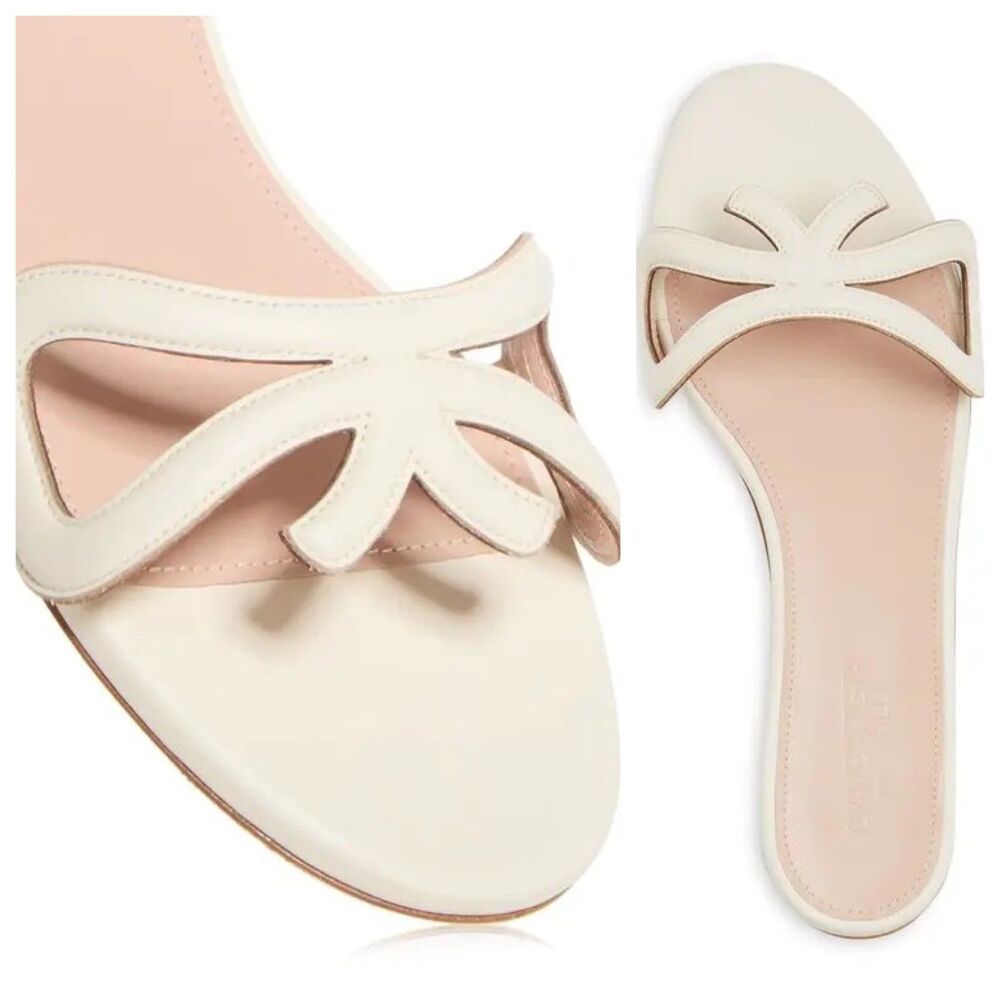 BNIB Giambattista Valli Flat Mule Cut Out Leather Bow Mules Slides in Ivory 37.5